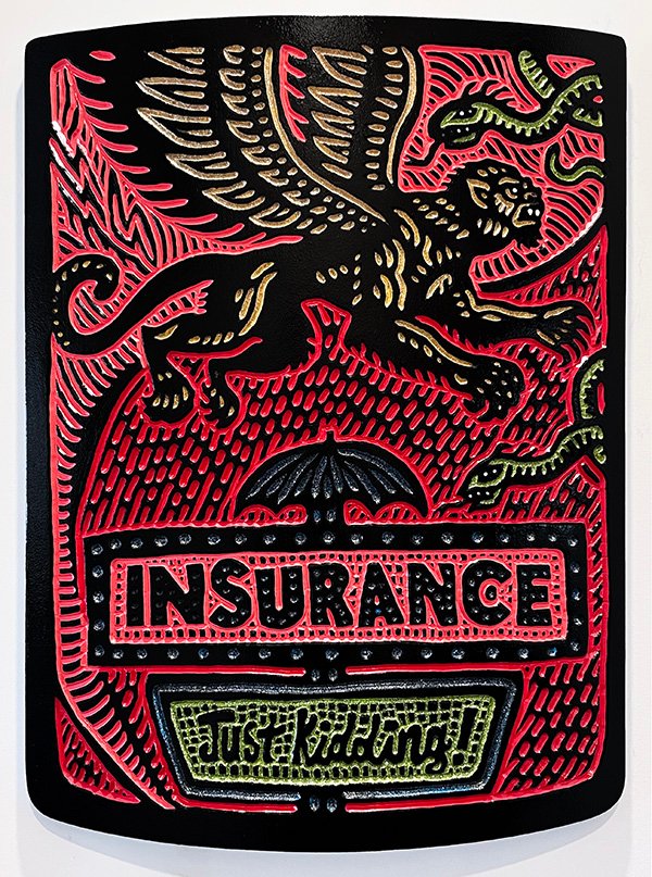 Insurance sign in dystopian hellscape with a flying monkey fighting snakes in a tornado