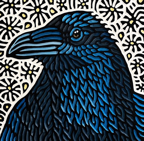 blue raven wood carving by Canadian artist Lisa Brawn