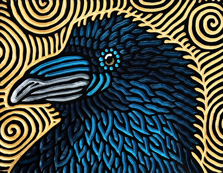 hand carved and hand painted portrait of a Raven by Canadian artist Lisa Brawn
