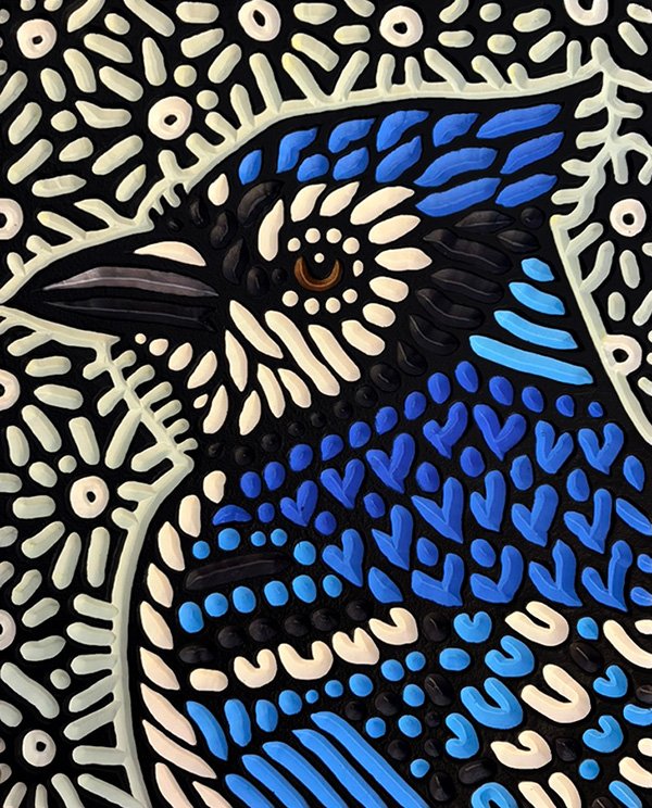 hand painted and hand carved profile of a Blue Jay by Canadian artist Lisa Brawn