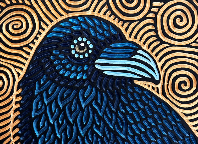 hand carved and hand painted corvid- crow or raven by Canadian artist Lisa Brawn