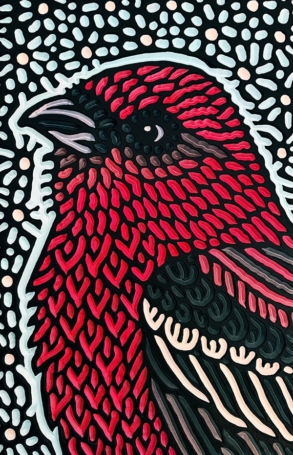 wood carving of a Pine Grosbeak bird by Canadian artist Lisa Brawn