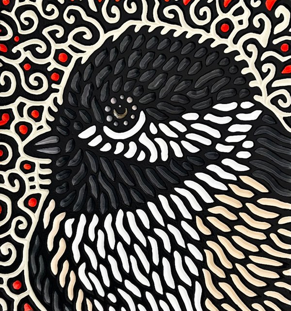 painted woodcarving of a black capped chickadee by Canadian artist Lisa Brawn