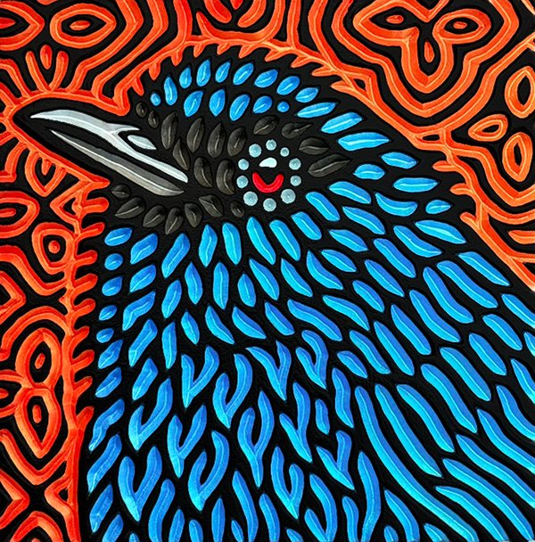 wood carving of a Deep-blue Flowerpiercer bird by Canadian artist Lisa Brawn