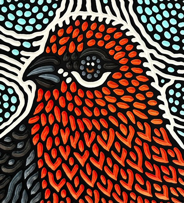 wood carving of a Pine Grosbeak bird by Canadian artist Lisa Brawn