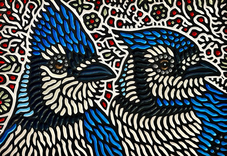 hand carved and painted pair of Blue Jay birds by Canadian artist Lisa Brawn