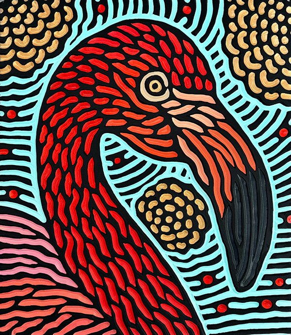 hand painted and hand carved flamingo portrait by Canadian artist Lisa Brawn