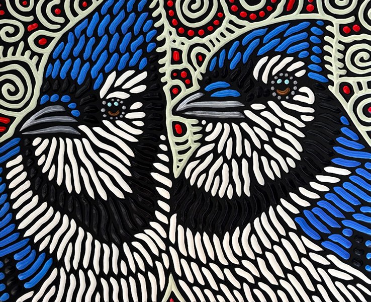 painted wood carving of two Blue Jays by Canadian artist Lisa Brawn