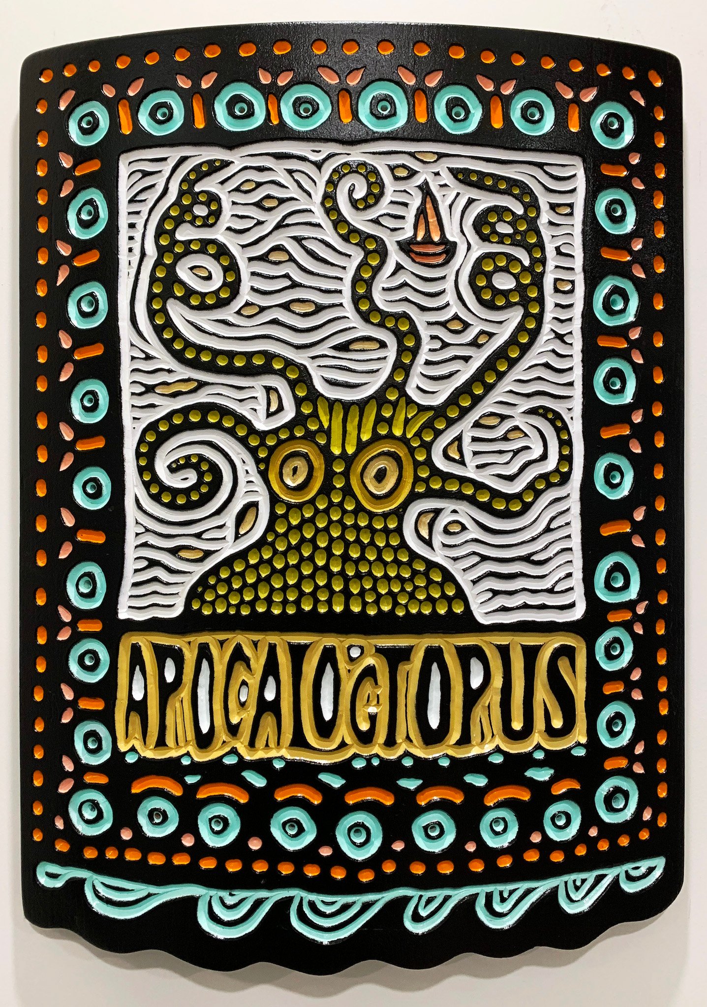 hand carved and painted Apocaloctopus on curved oak by Canadian artist Lisa Brawn